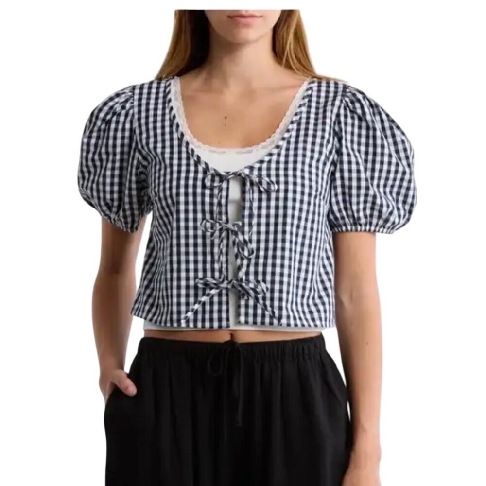 Abound Womens Puff Sleeve Y2K‎ Cottagecore Top Size M NWT Gingham Tie Peasant